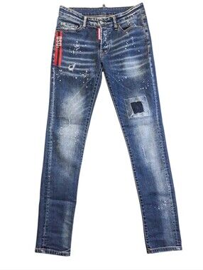 DSQUARED2  S74LNO490 S30357 Slim Guy Blue Skinny Men's Jeans Red Logo Tape 32